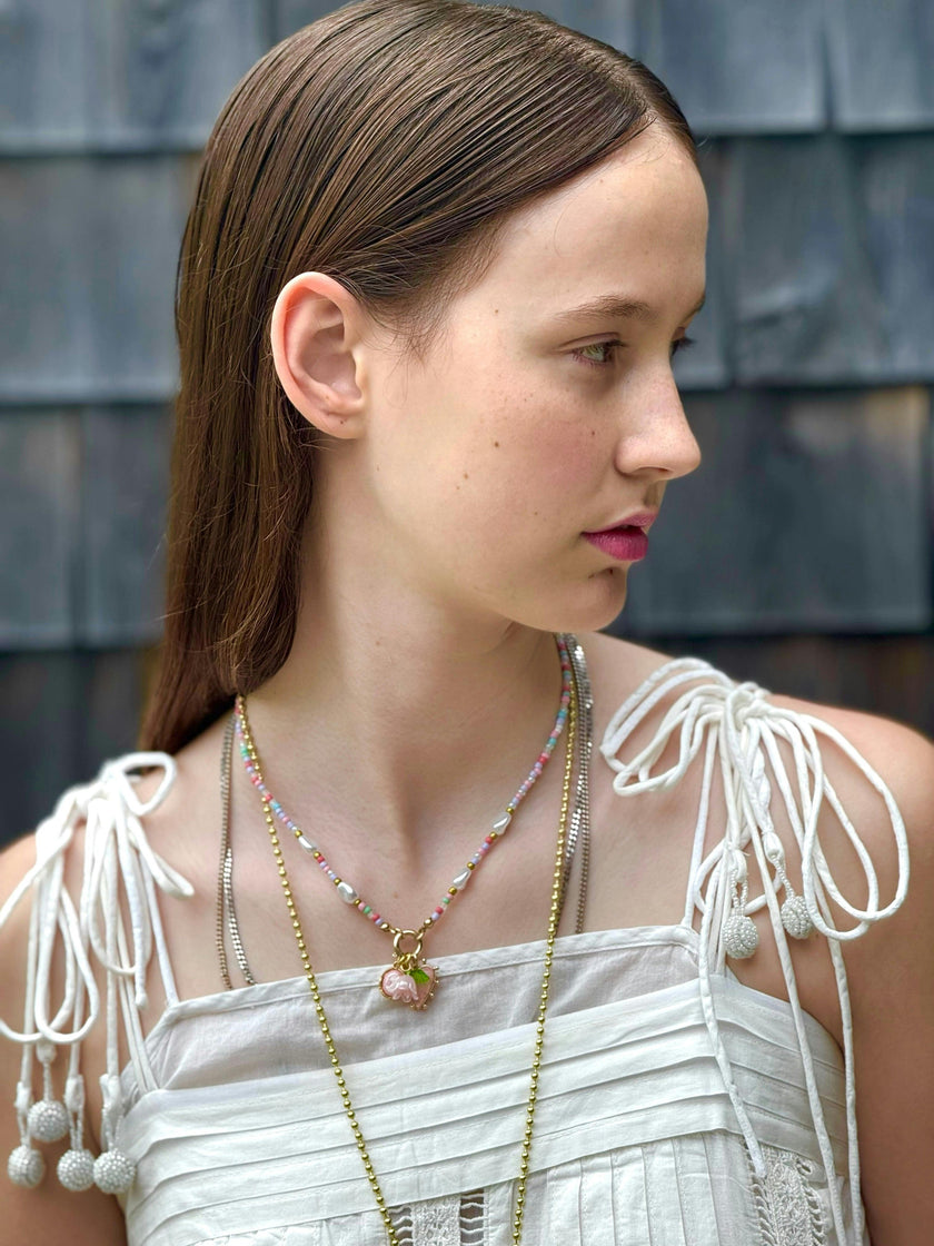 BEADED PEARL FLORAL HEART CHARM NECKLACE