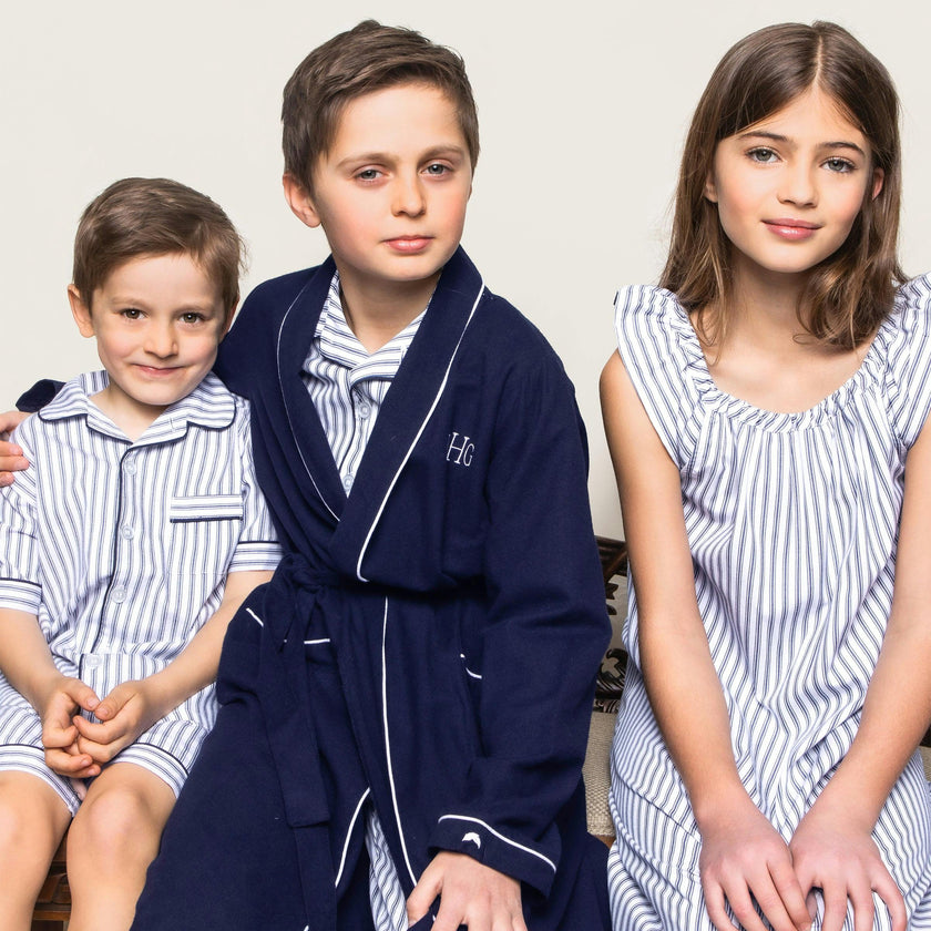 Kid's Twill Pajama Short Set in Navy French Ticking