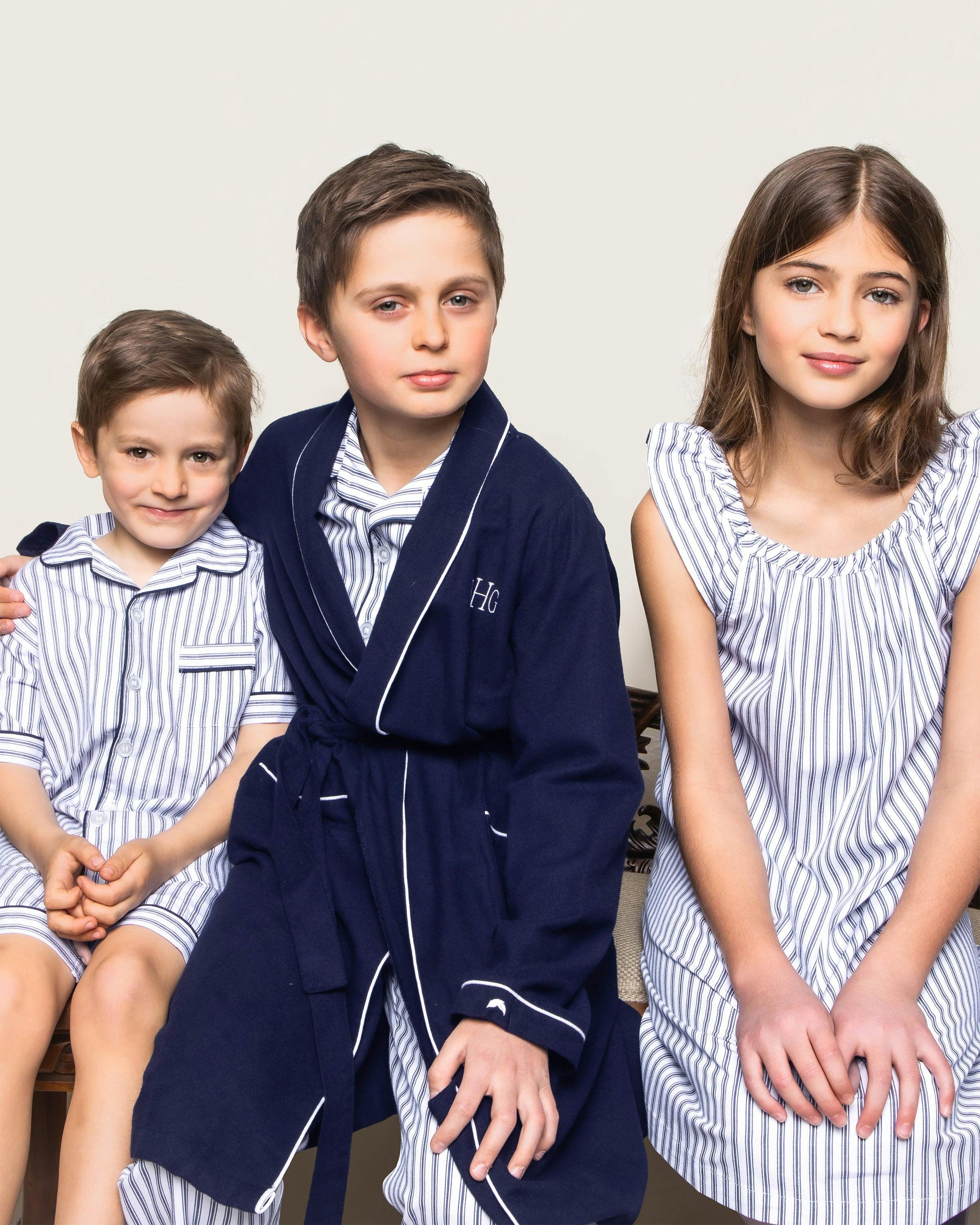 Kid's Twill Pajama Short Set in Navy French Ticking