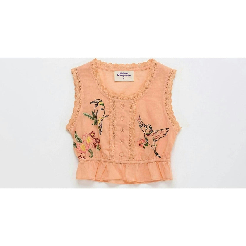 BIRDS EMBROIDERED TOP PEACH