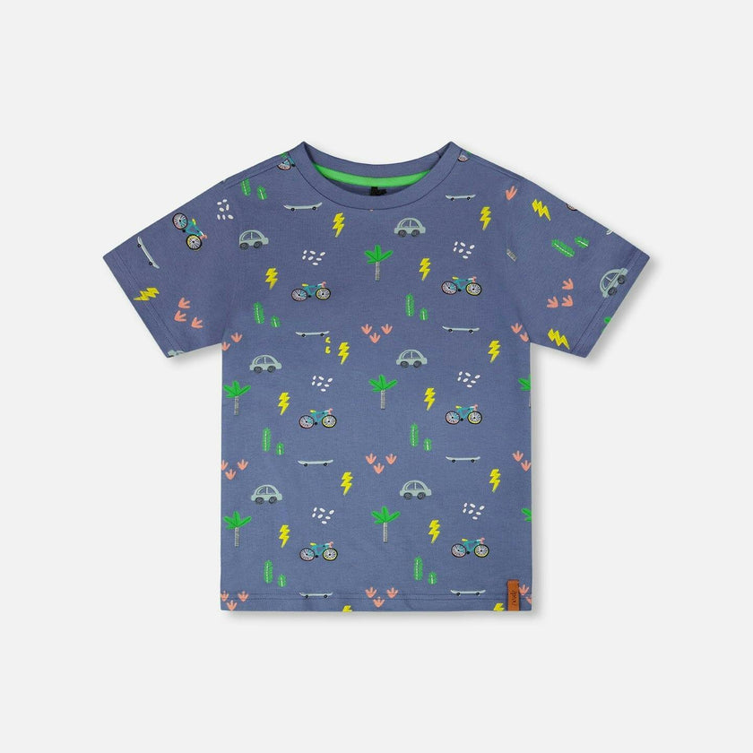 Organic Cotton Jersey T-Shirt Blue Bicycle Print