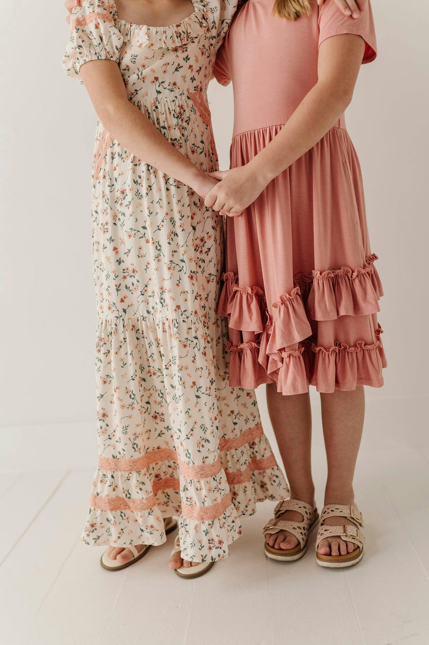 Girls Peasant Ruffle Maxi Dress in Dasha Ditsy in Cream