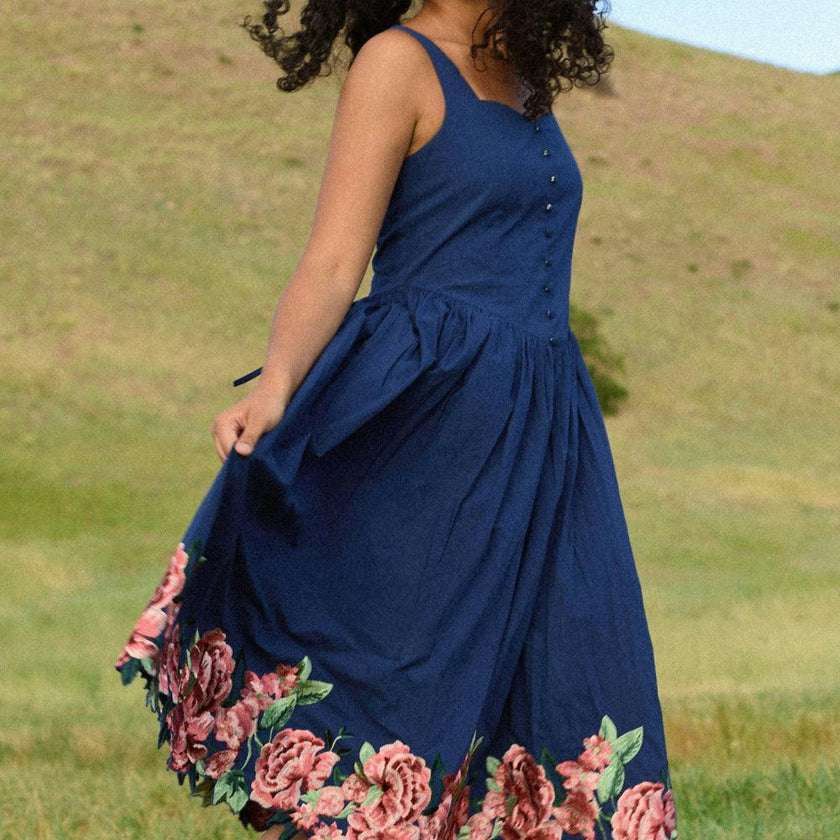 Clarissa Dress in Midnight with Red Flowers