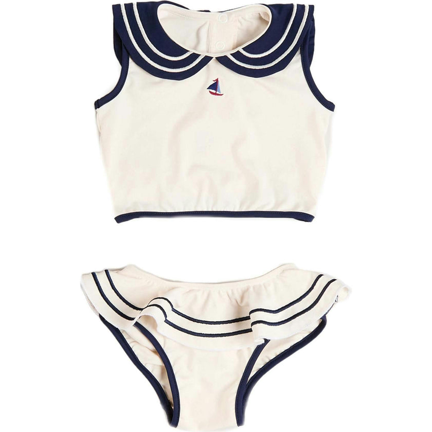 Mariner Collar Embroidered Boat Motif Two Piece Swimsuit in White (12mths- 10yrs)