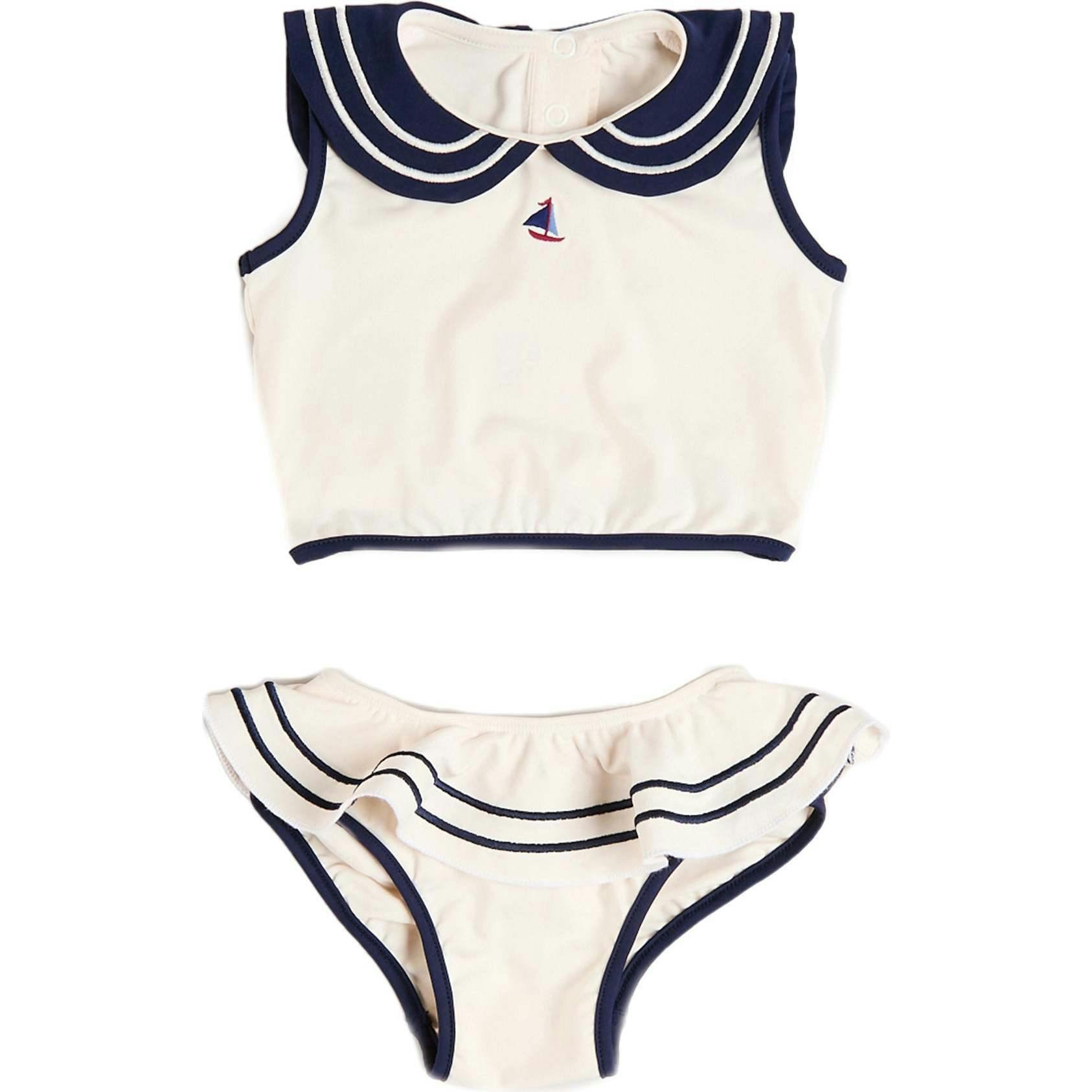 Mariner Collar Embroidered Boat Motif Two Piece Swimsuit in White (12mths- 10yrs)