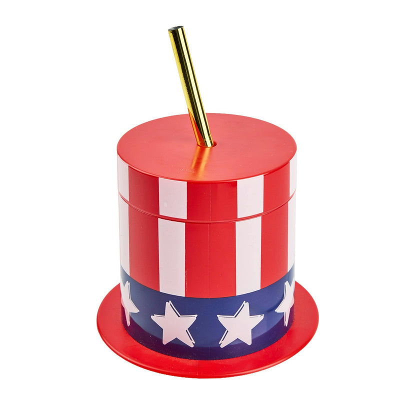Packed Party Hats Off to the USA Patriotic Uncle Sam Top Hat Sippers - 14 oz Novelty 4th of July Cups with Gold Plastic Straws and Leak-Proof Lids
