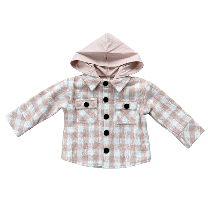 Girls Hooded Shacket in Misty Rose Plaid