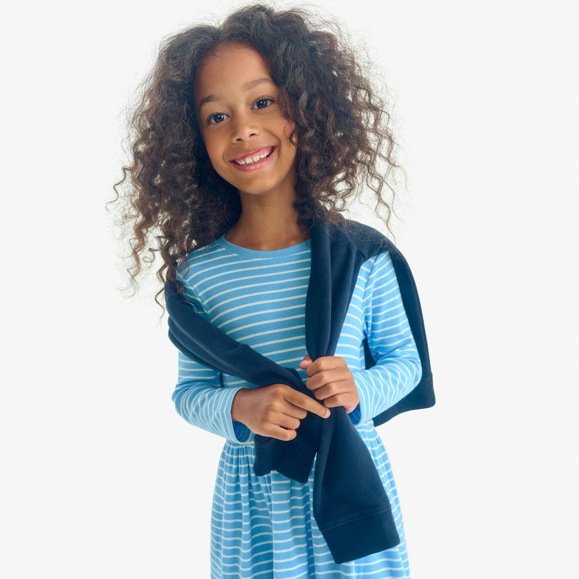 Kids long sleeve rib perfect pocket dress in stripe