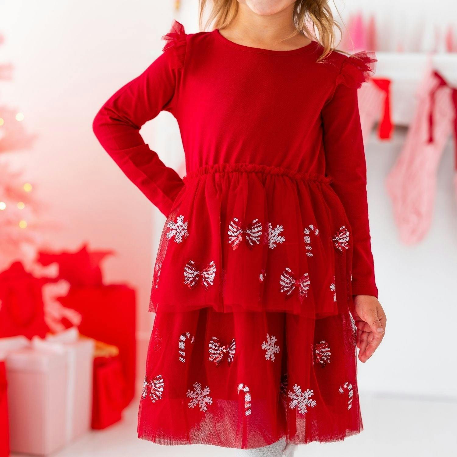 Peppermint Swirl Sequin Christmas Long Sleeve Tutu Dress
