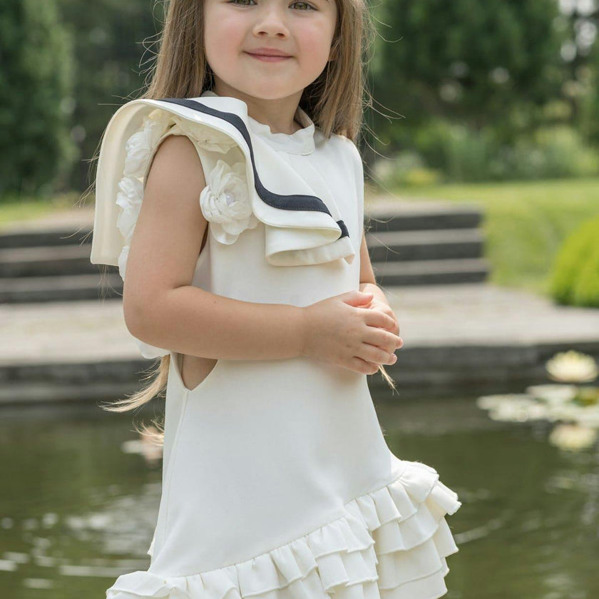 Alex White Ruffle Dress with Black Contrast Line