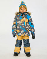 Two Piece Play Snowsuit Grey and Blue Dinosaur Print with Yellow Pants