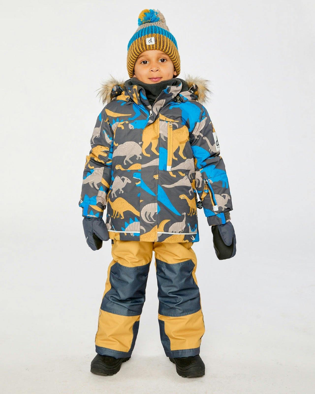 Two Piece Play Snowsuit Grey and Blue Dinosaur Print with Yellow Pants