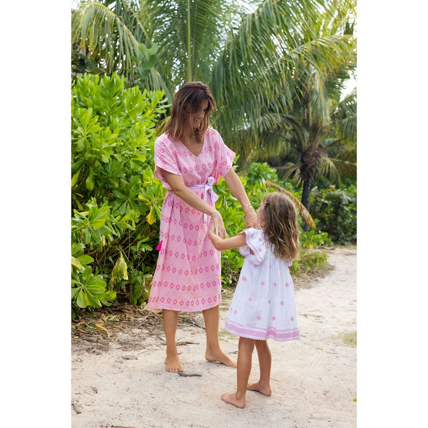 Serena Girl's Tassel Dress White Pink Frangipani, Pink