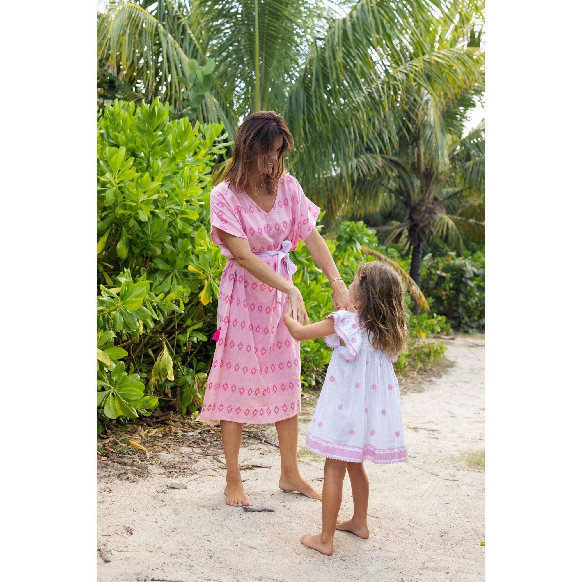 Serena Girl's Tassel Dress White Pink Frangipani, Pink