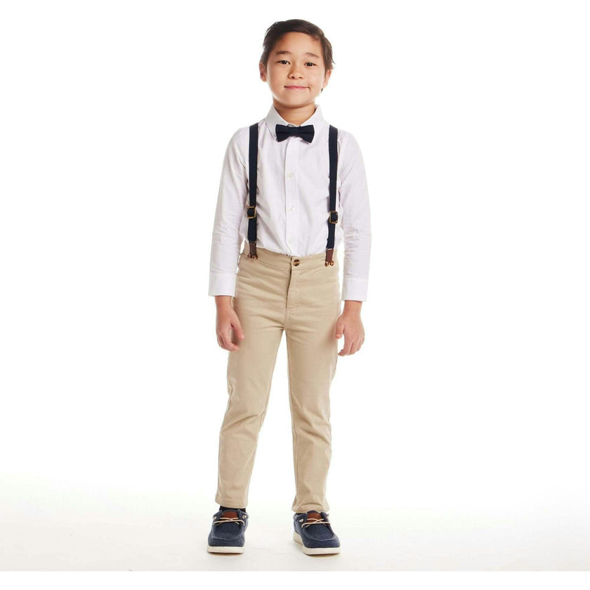 Kids White Buttondown Bowtie and Suspenders Set