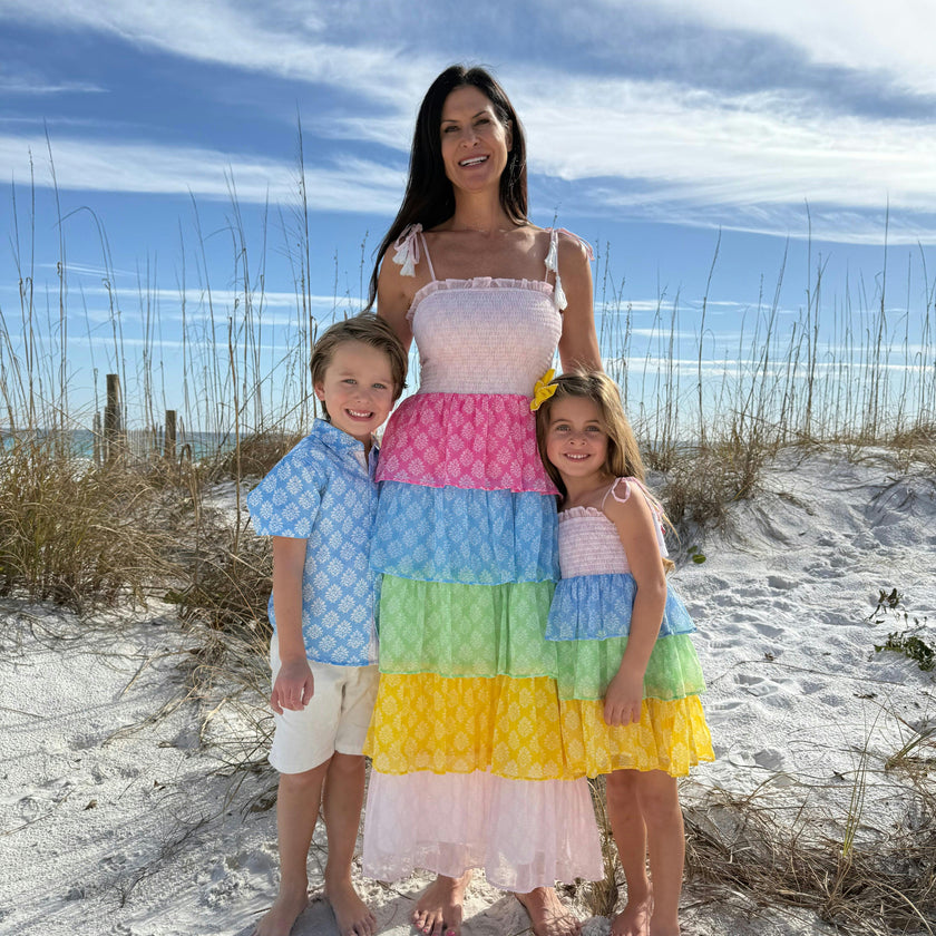 Women's Smock Bodice Tiered Dress in Block Print