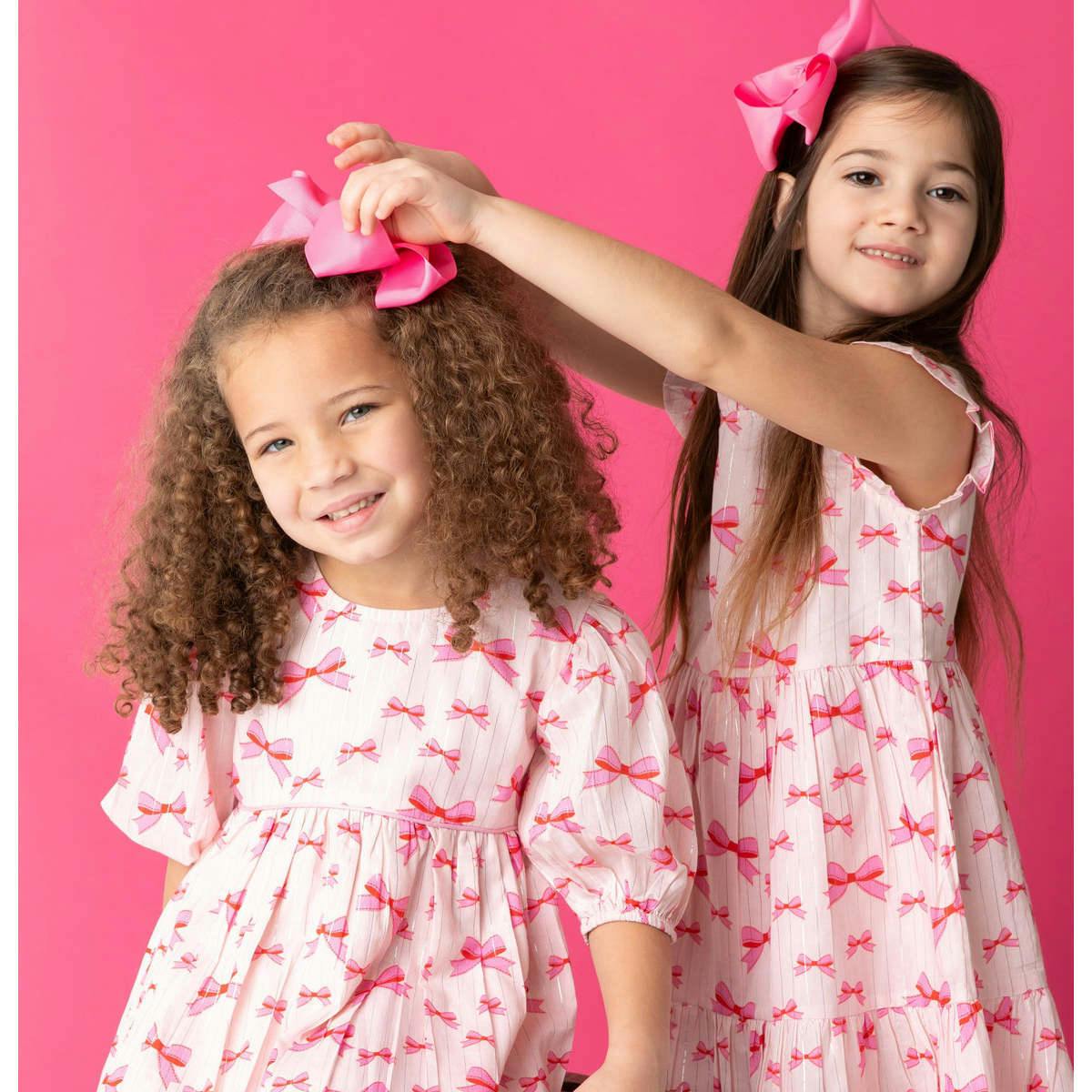 Pink Bows Puff Sleeve Dress in Lurex