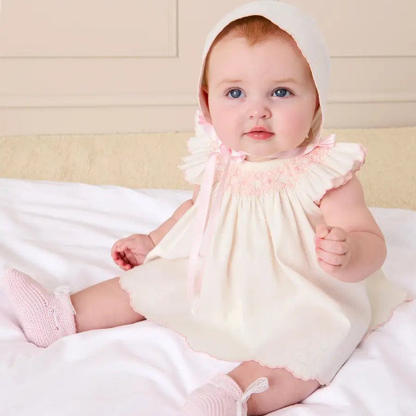 Linen Blend Hand Smocked Cap Sleeve Dress With Bloomers in White (1-6mths)