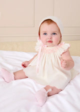 Linen Blend Hand Smocked Cap Sleeve Dress With Bloomers in White (1-6mths)