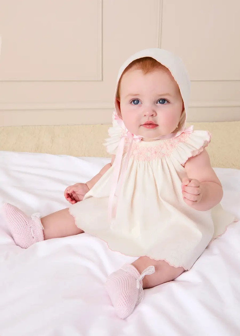 Linen Blend Hand Smocked Cap Sleeve Dress With Bloomers in White (1-6mths)