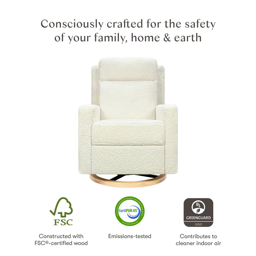 Sigi Pro Power Glider Recliner W/ Power Lumbar In Cream Shearling W/Light Wood Base