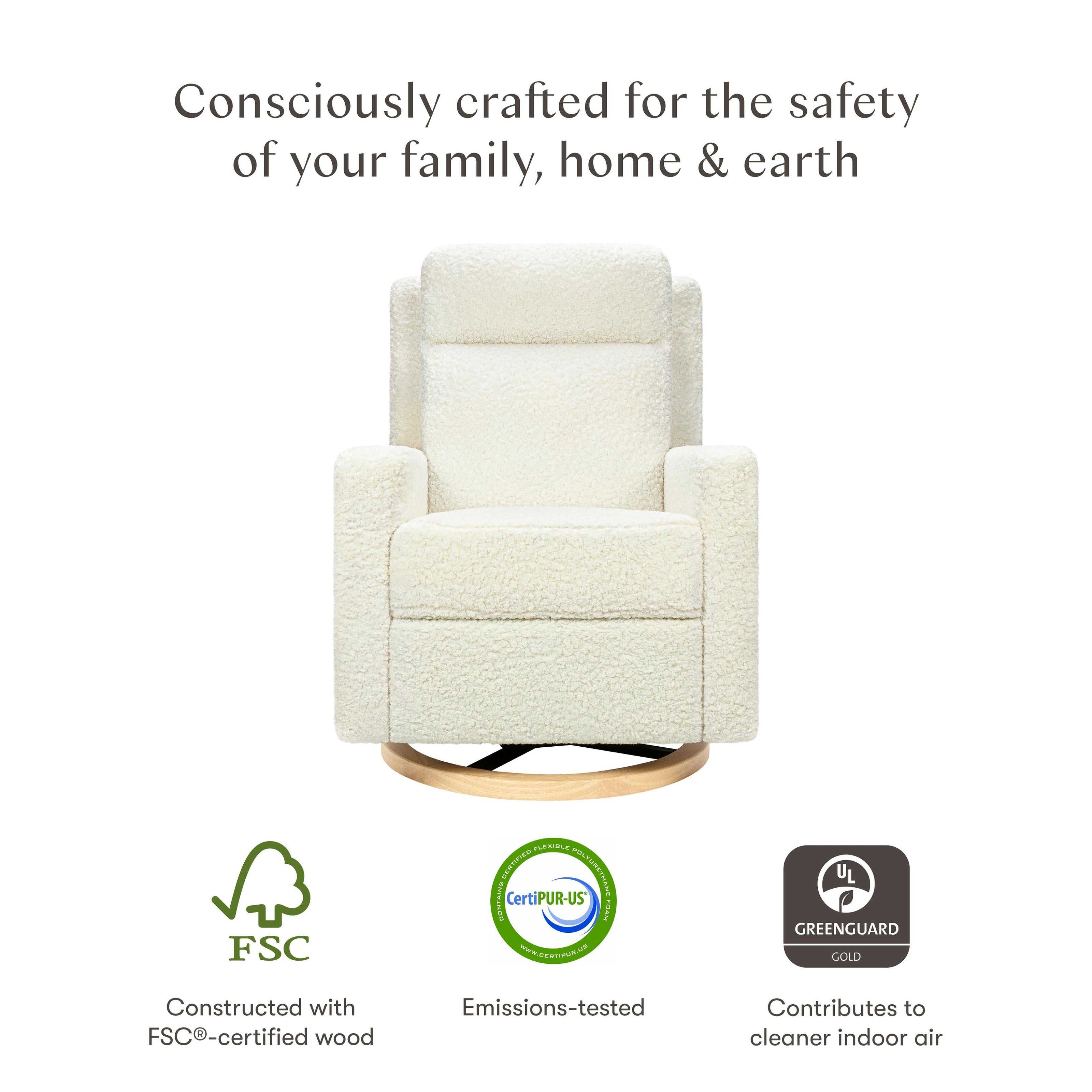 Sigi Pro Power Glider Recliner W/ Power Lumbar In Cream Shearling W/Light Wood Base