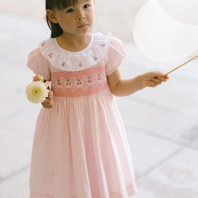 Cherry Pink Short Puff Smocked Dress