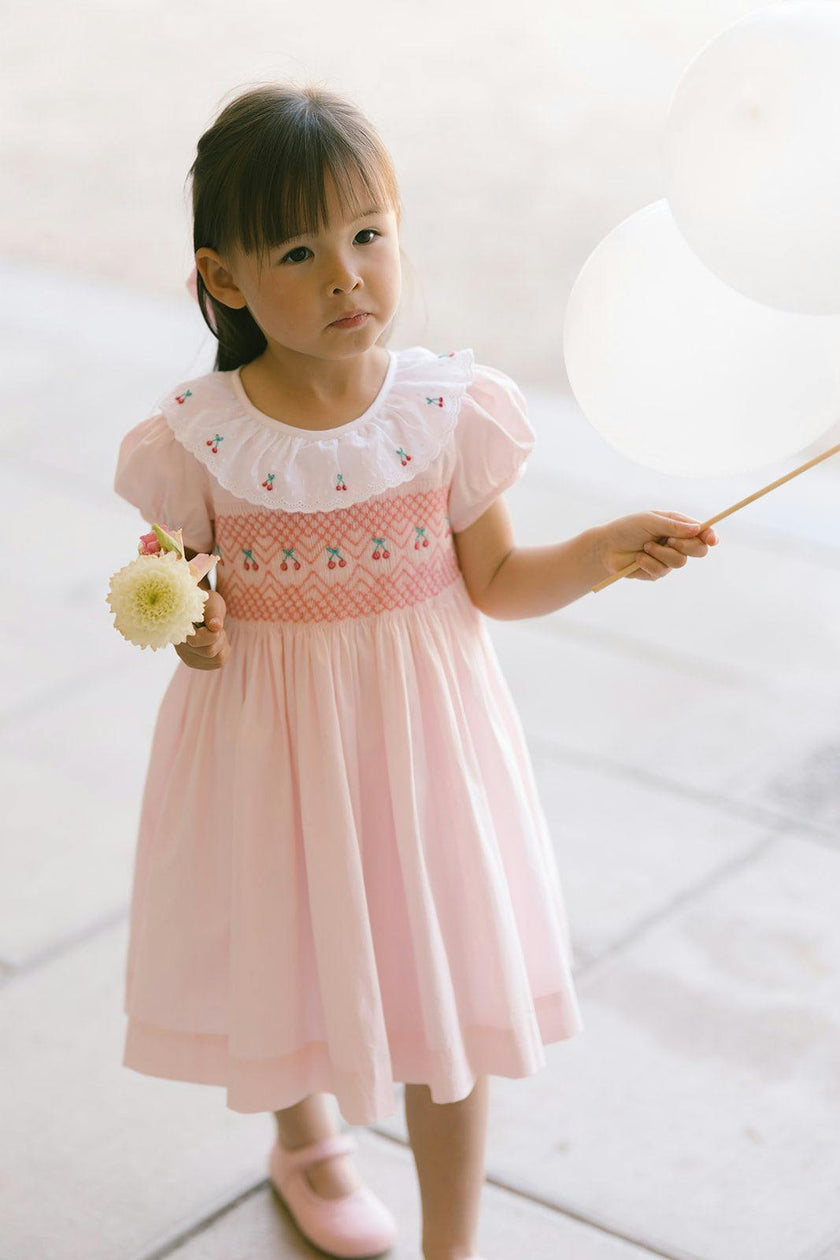 Pink Smocked Dress with Embroidered Cherries