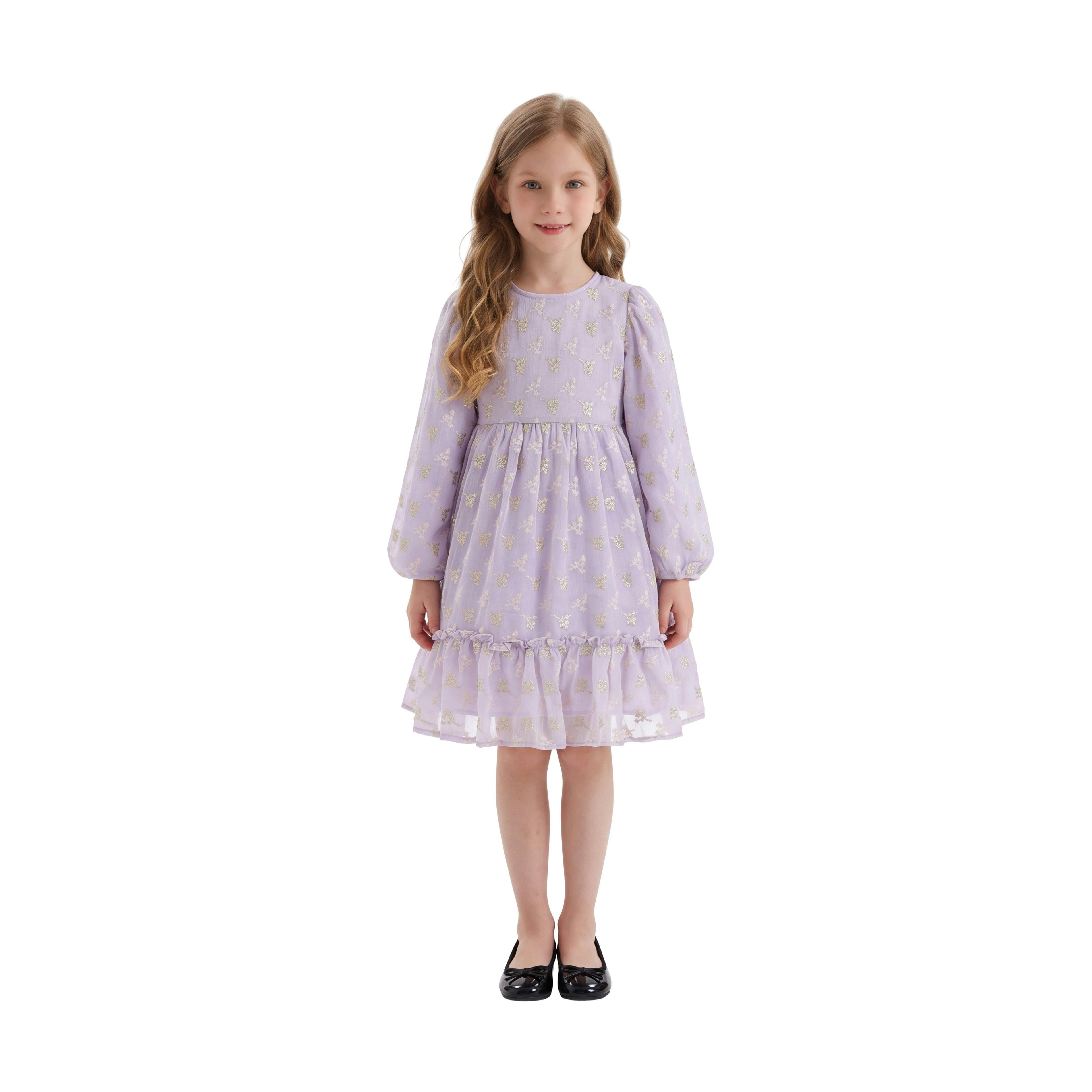 Purple Gold Motif Ruffle Dress