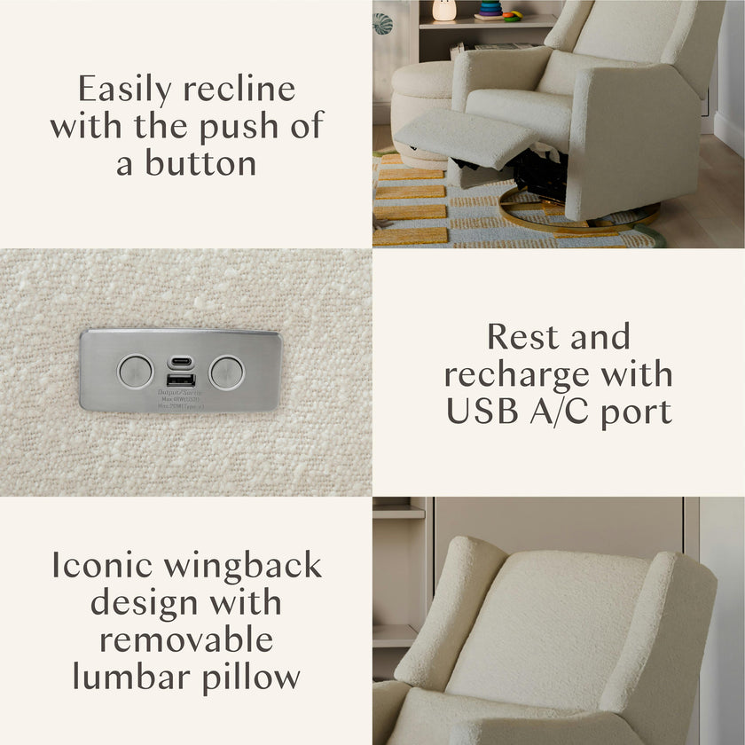 Kiwi Electronic Recliner and Swivel Glider with USB port in Ivory Boucle with Gold Base