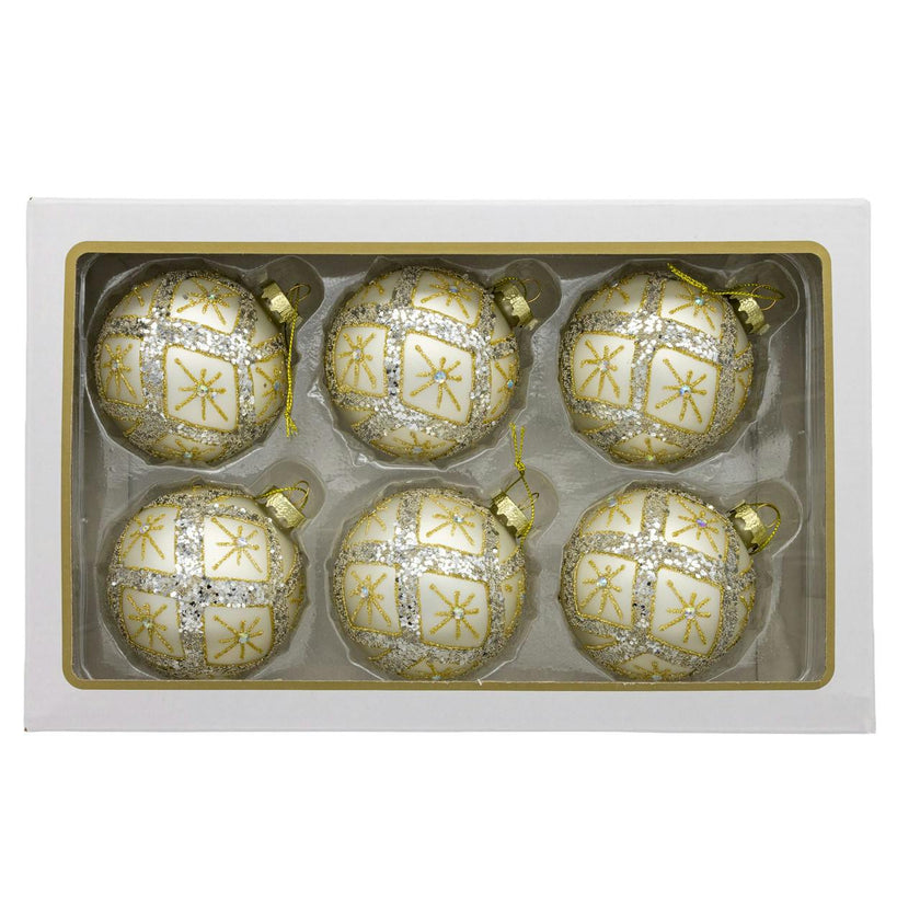 Kurt Adler 80MM Glass Silver Balls With Gold & Silver Criss-Cross Glitter Design Set, 6-Pieces
