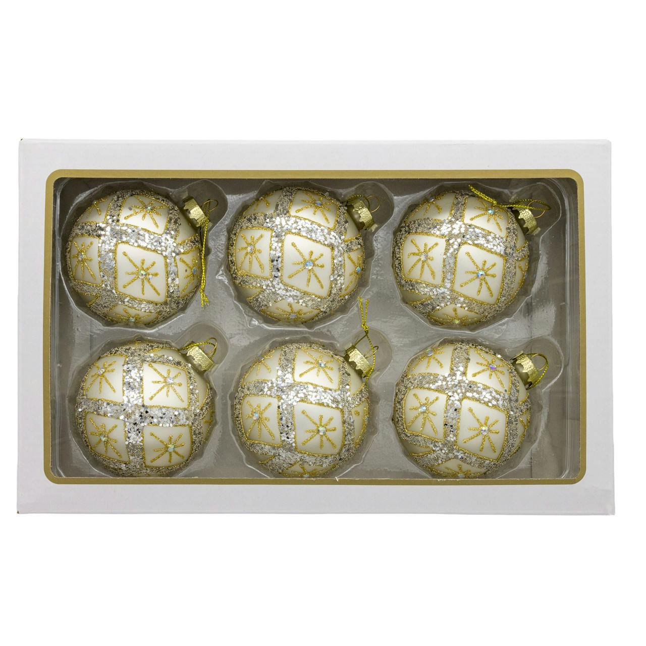 Kurt Adler 80MM Glass Silver Balls With Gold & Silver Criss-Cross Glitter Design Set, 6-Pieces