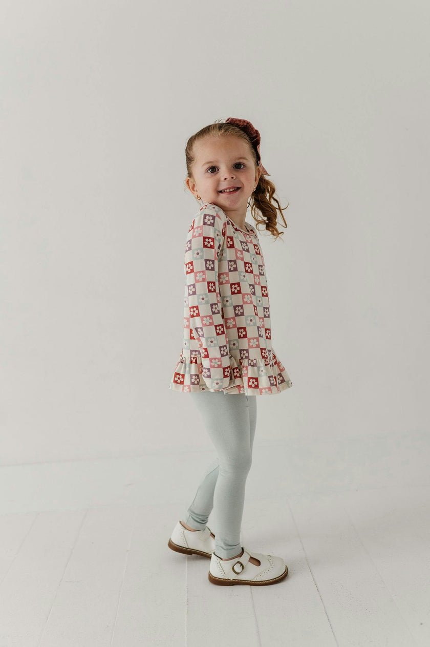 Girls Long Sleeve Peplum Set in Wavy Daisy Checkered