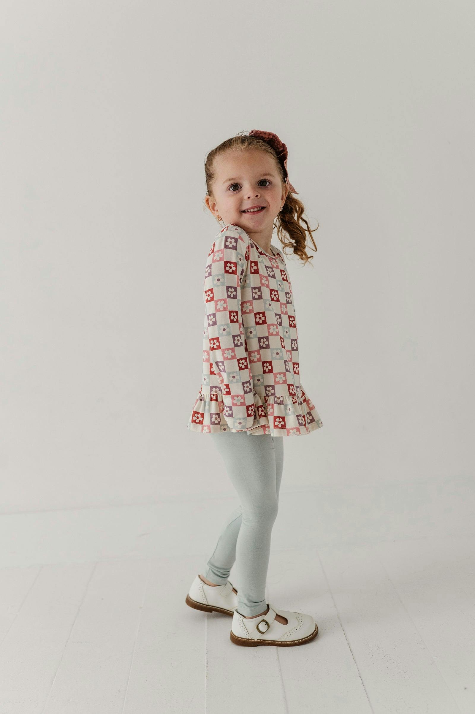 Girls Long Sleeve Peplum Set in Wavy Daisy Checkered