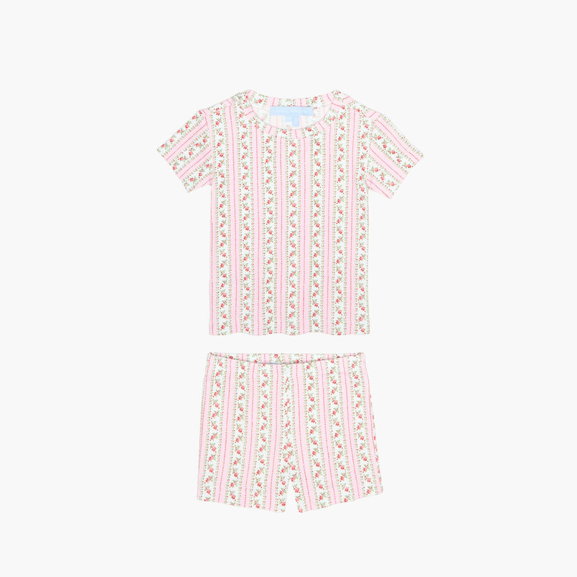 The Baby Lou Pointelle PJ Set - Floral Dot Stripe Pink