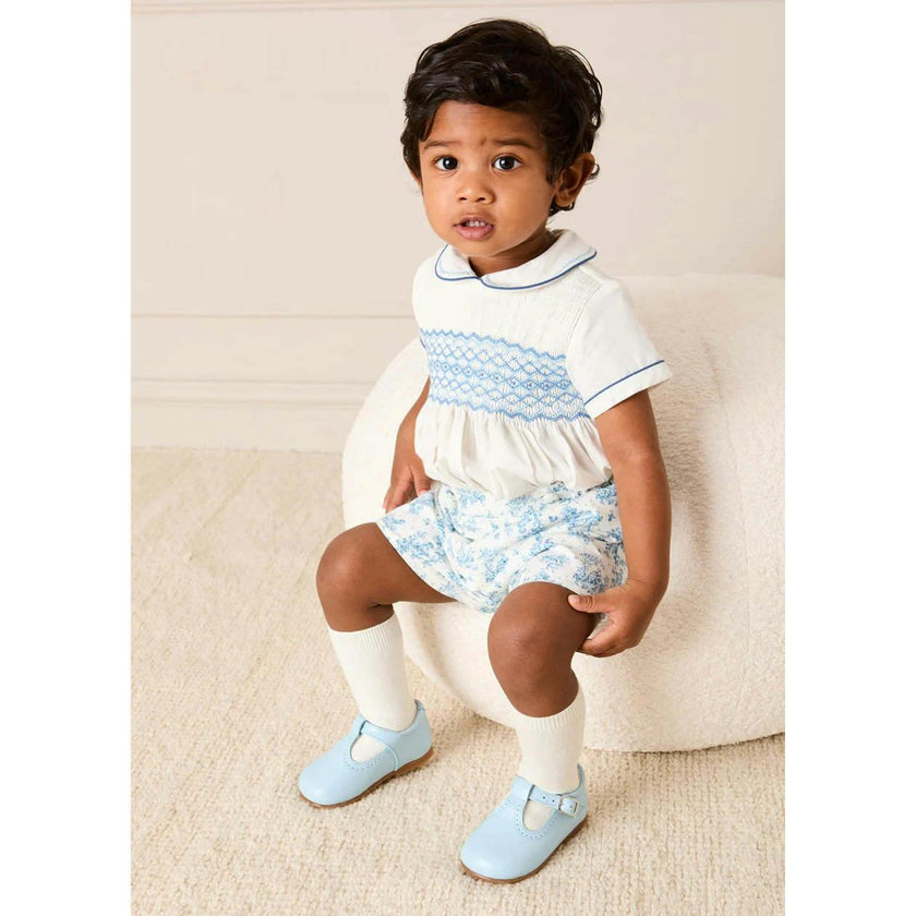 Audrey Toile Peter Pan Collar Hand Smocked Two Piece Set in Blue (6mths-3yrs)