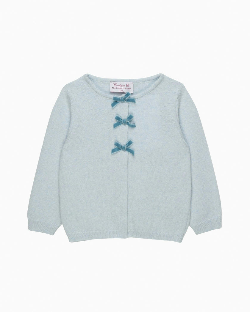 Baby Velvet Bow Cardigan in Pale Blue