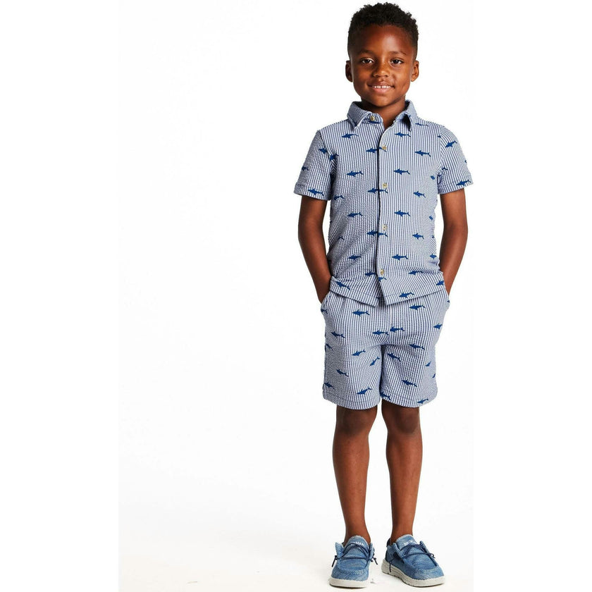 Boys Short Sleeve Cabana Set | Navy Stripe Shark