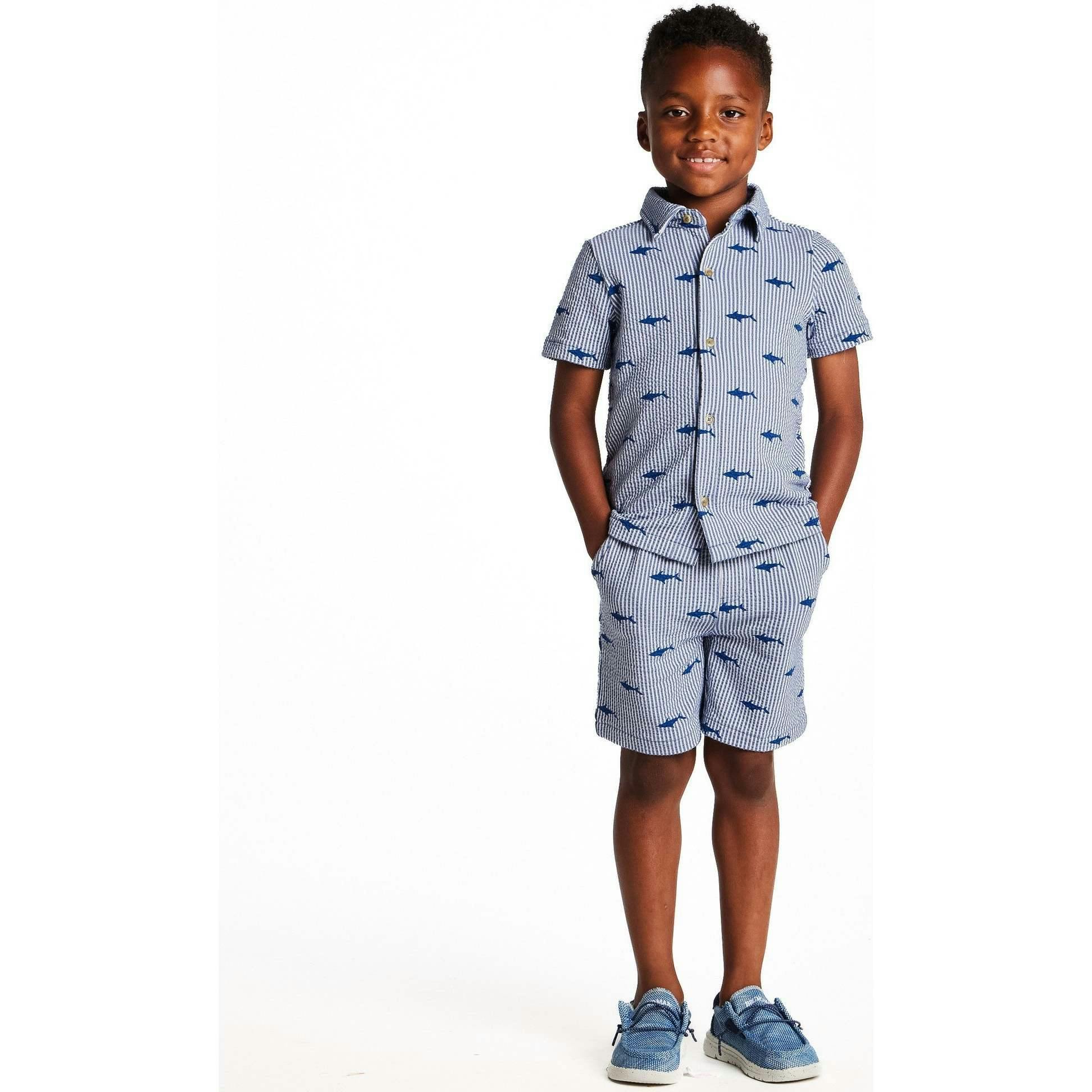 Boys Short Sleeve Cabana Set | Navy Stripe Shark