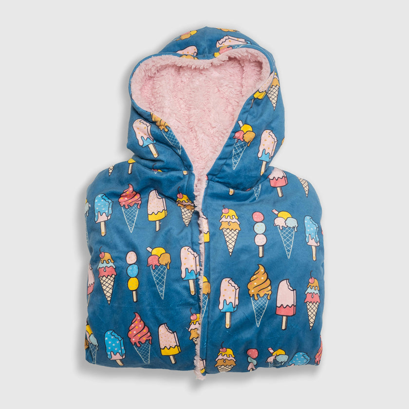 Cozy Switch Robe – Reversible Sherpa & Printed Mink Robe with Appliqué, Ice Cream