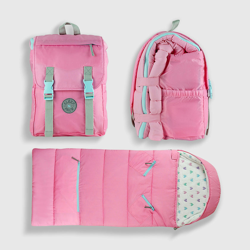 Sleep-N-Pack: Packable Sleeping Bag, Little Kid 3-6 yrs - Cosmos Pink/Glow-In-The-Dark Hearts
