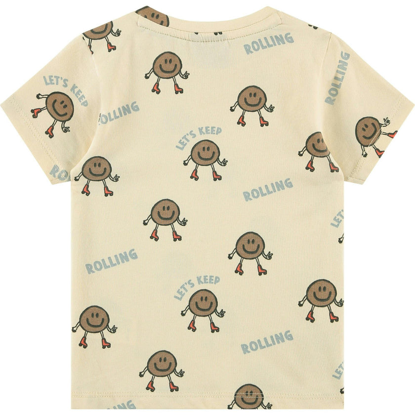 All-Over Graphic Print "Let's Keep Rolling" T-Shirt