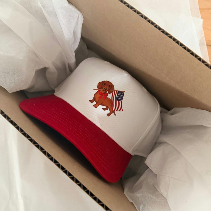 USA DACHSHUND Printed Patriotic Hat, White/Red