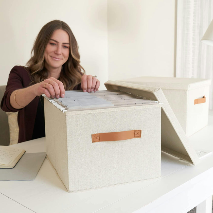 ZICOTO Decorative Ivory File Box Organizer Set of 2 - Collapsible Linen File Cabinet for Easy Folder Storage - Store All Your Documents and Folders in Style