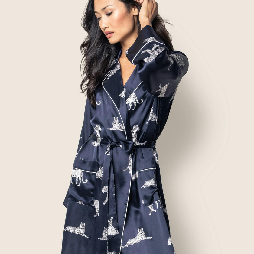 Women's Silk Long Robe in Panthère de Nuit