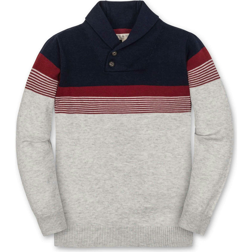 Organic Long Sleeve Striped Shawl Collar Sweater, Grey