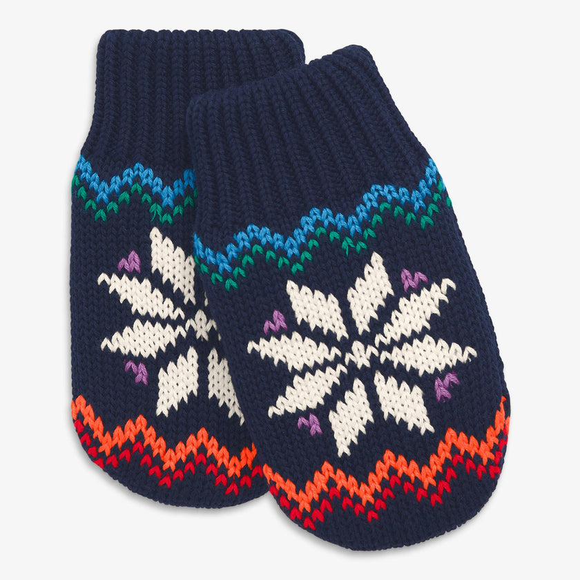 Baby Fleece-Lined Rainbow Snowflake Fair Isle Mittens, Navy