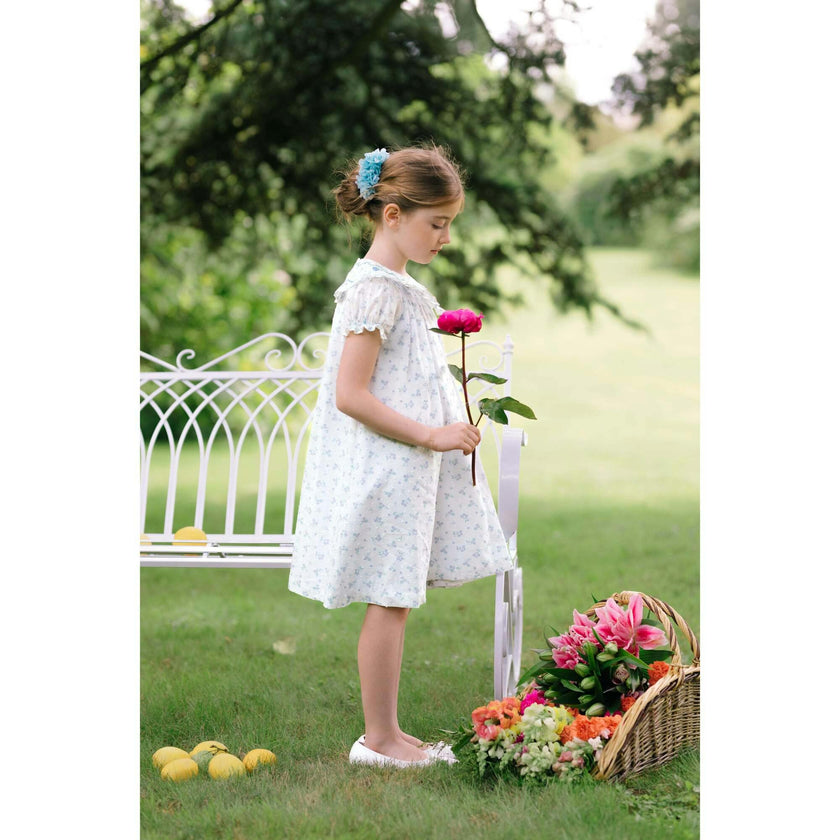 Myrtille Blue Floral Short Sleeve Bishop Dress