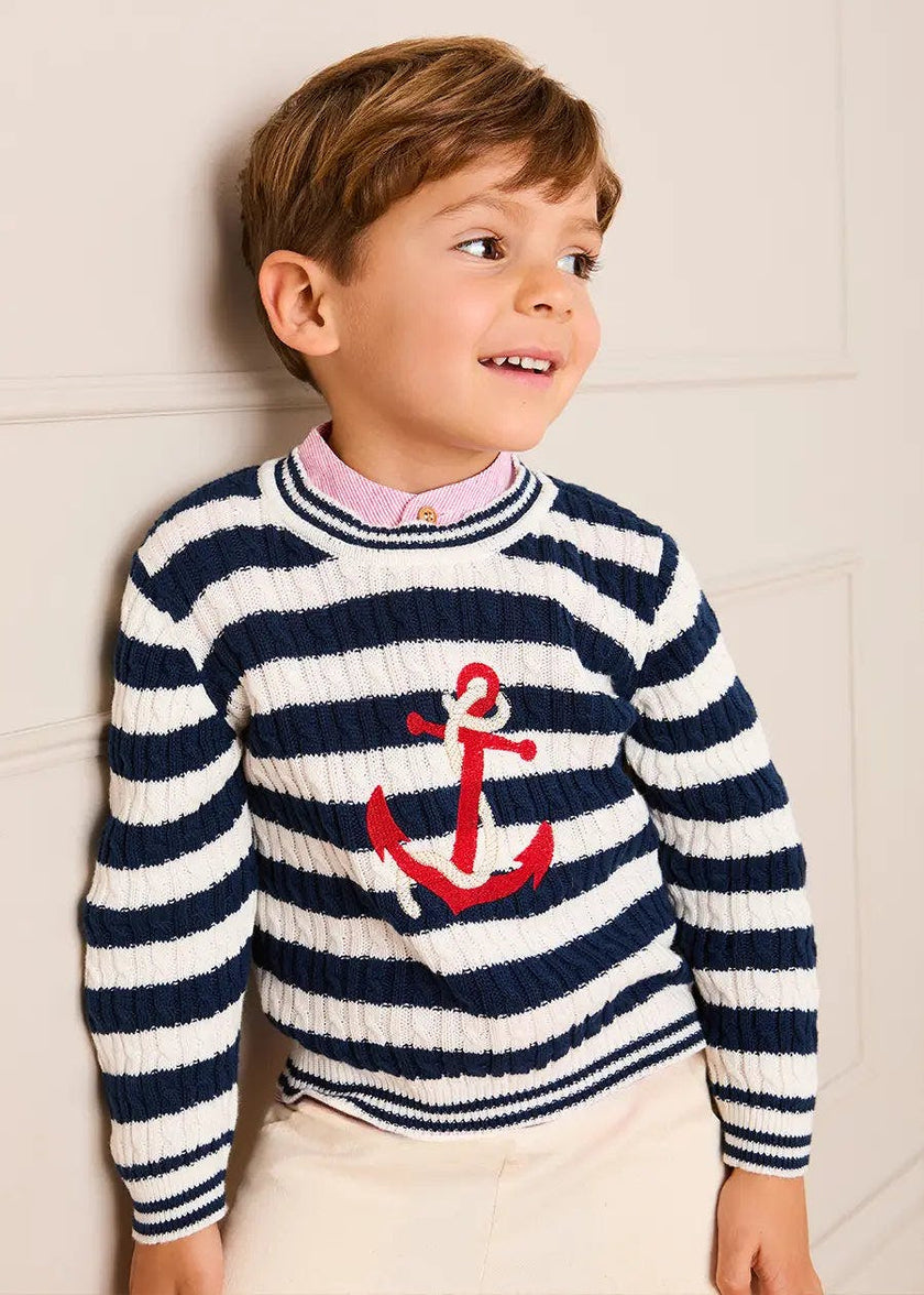 Anchor Motif Cable Knit Sailor Stripe Jumper in Navy (12mths- 10yrs)