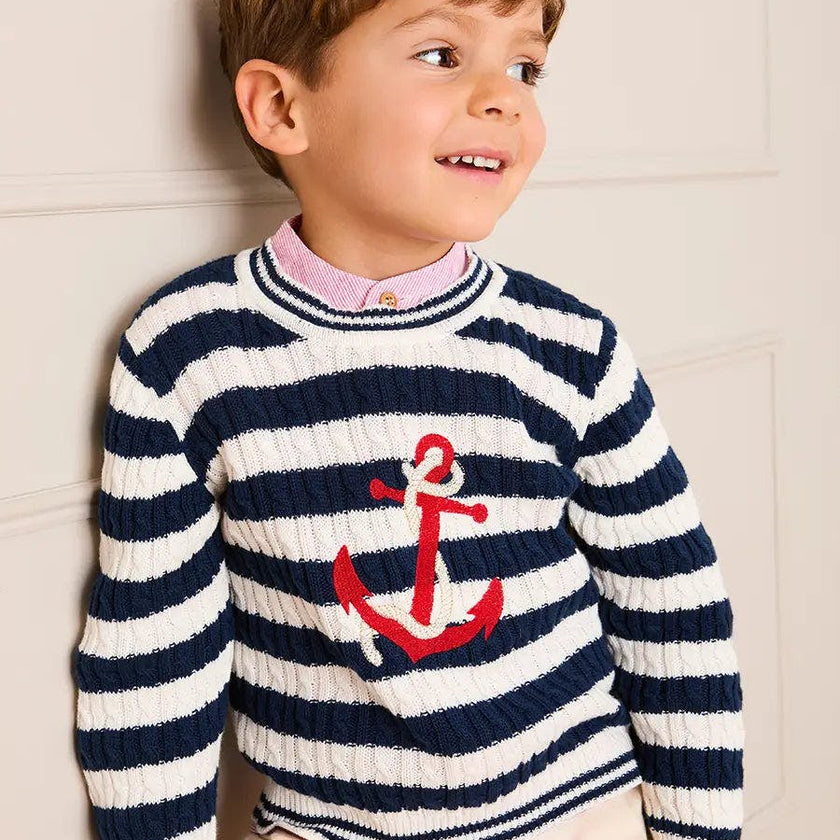 Anchor Motif Cable Knit Sailor Stripe Jumper in Navy (12mths- 10yrs)